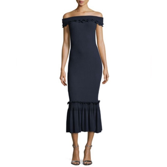 Jonathan Simkhai | Off-the-Shoulder Ribbed Midi Dress w/ Ruffled Trim - Picture 1 of 3